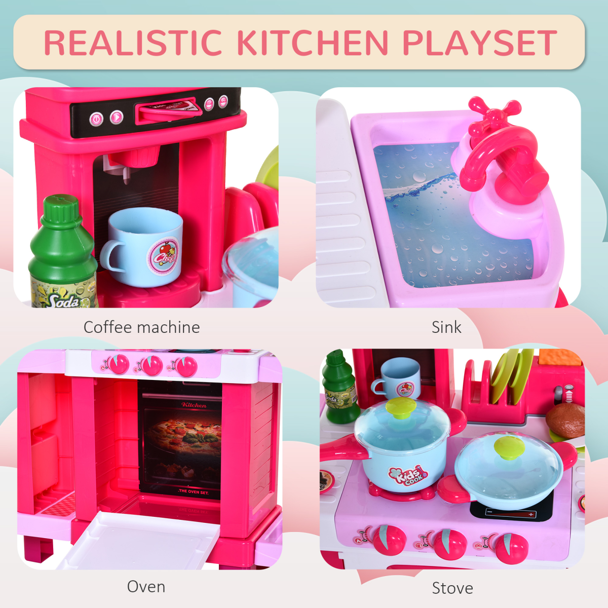Deluxe 38-Piece Kids Kitchen Set with Sounds, Lights - Pink