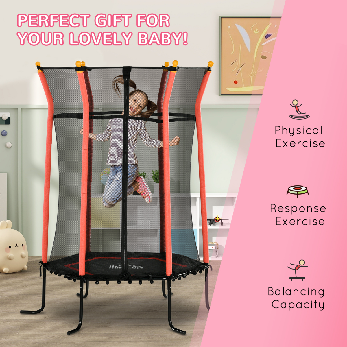 5.4ft Kids Trampoline with Enclosure - Indoor/Outdoor, Red, Ages 3-10
