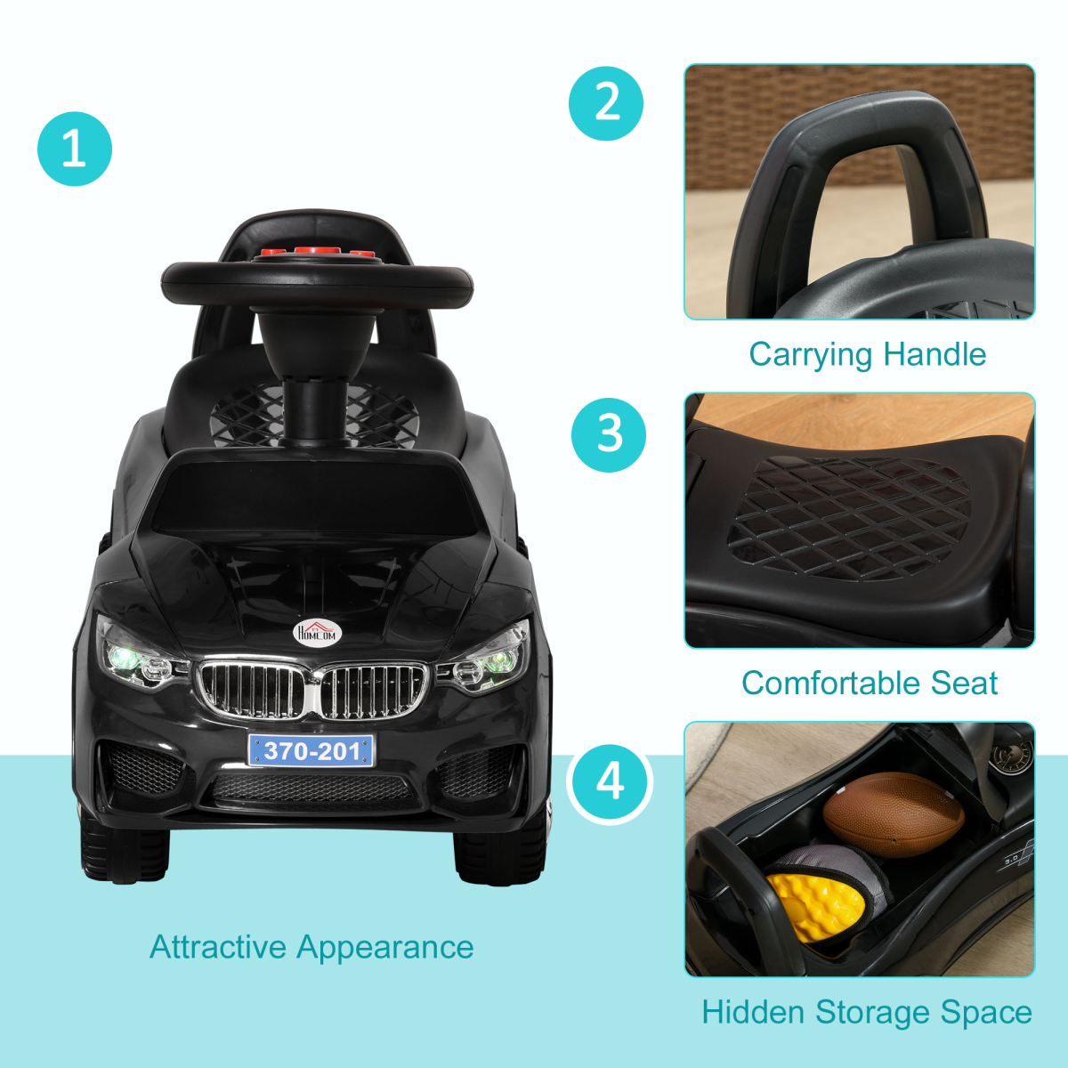 Kids Ride-On Car: Stylish Black Toddler Walker with Music & Storage
