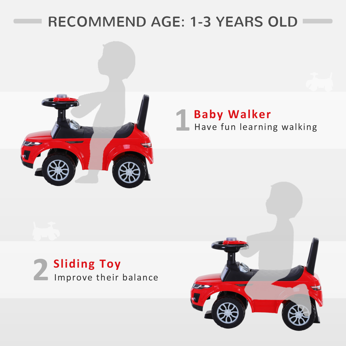 Red 3-in-1 Toddler Ride-On Car with Horn & Steering