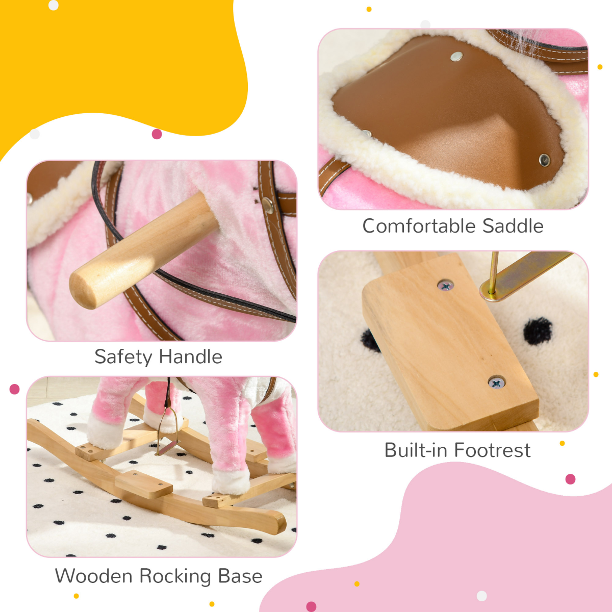 Pink Wooden Rocking Horse for Kids 3-6 Years