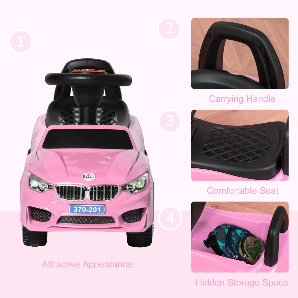 Pink Toddler Ride-On Car - Foot-to-Floor Walker with Music & Storage