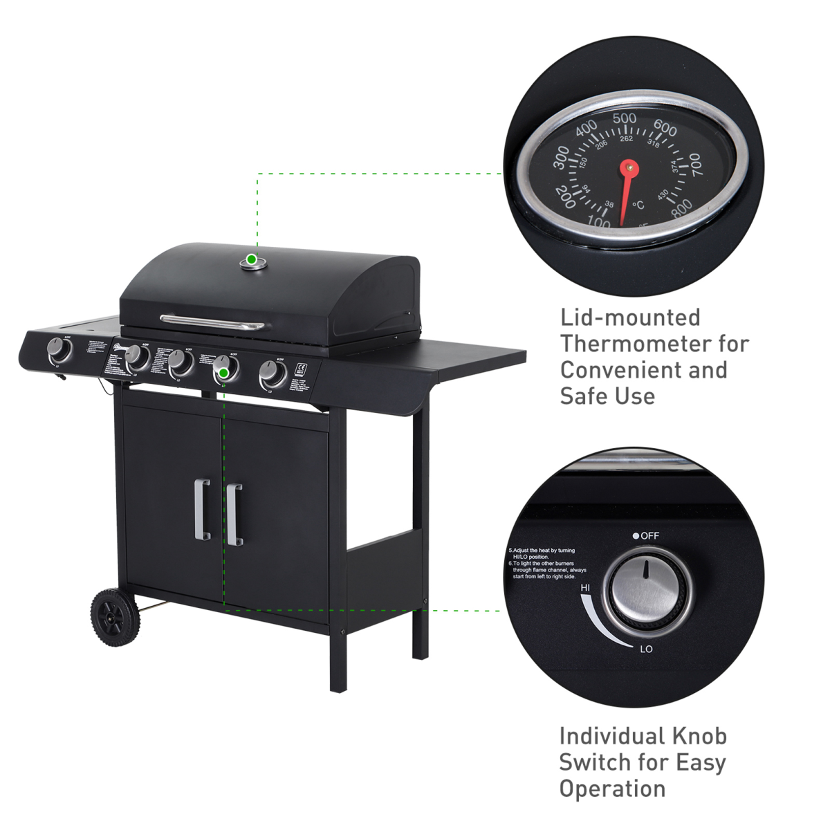 4-Burner Gas BBQ Grill with Side Burner & Easy-Move Wheels