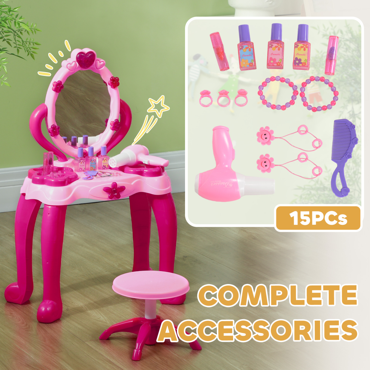 AIYAPLAY Kids Vanity Set Stool & 15 Glam Accessories