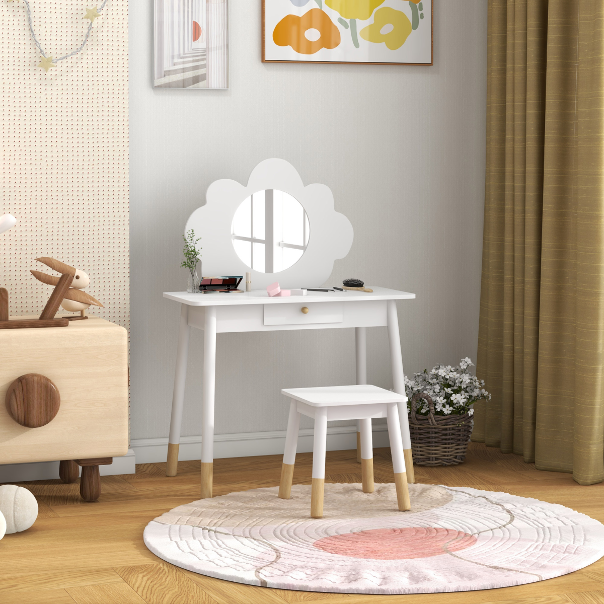 AIYAPLAY Cloud-Inspired Kids Dressing Table Set with Mirror & Stool