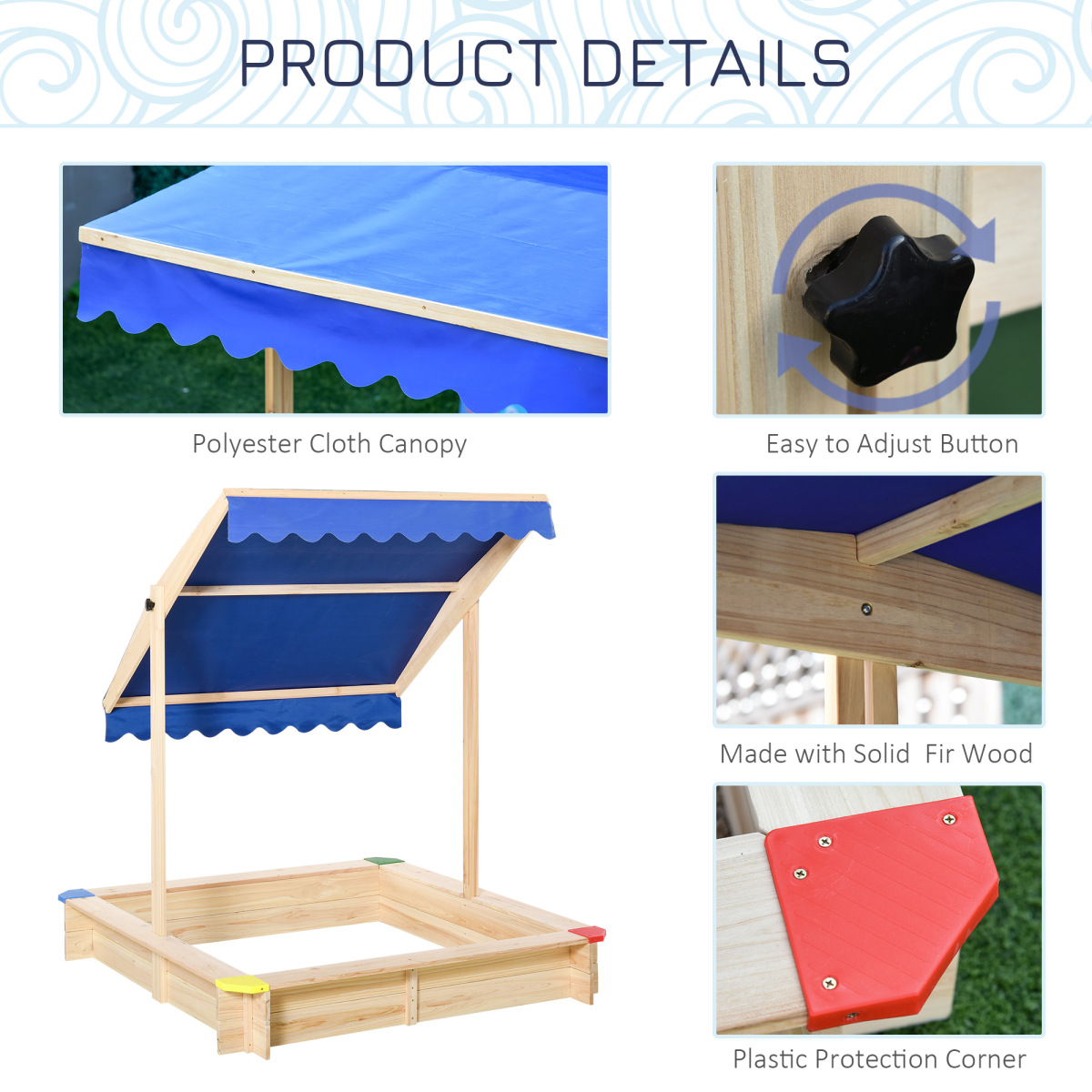 Adjustable Kids Wooden Sandbox Playset with Canopy & Bench