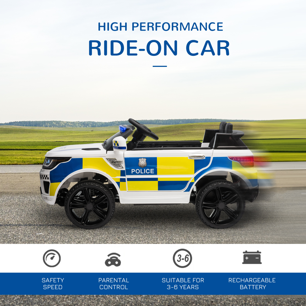 12V Electric Police Car Ride-On w/ Remote Siren & Bluetooth - Ages 3-6