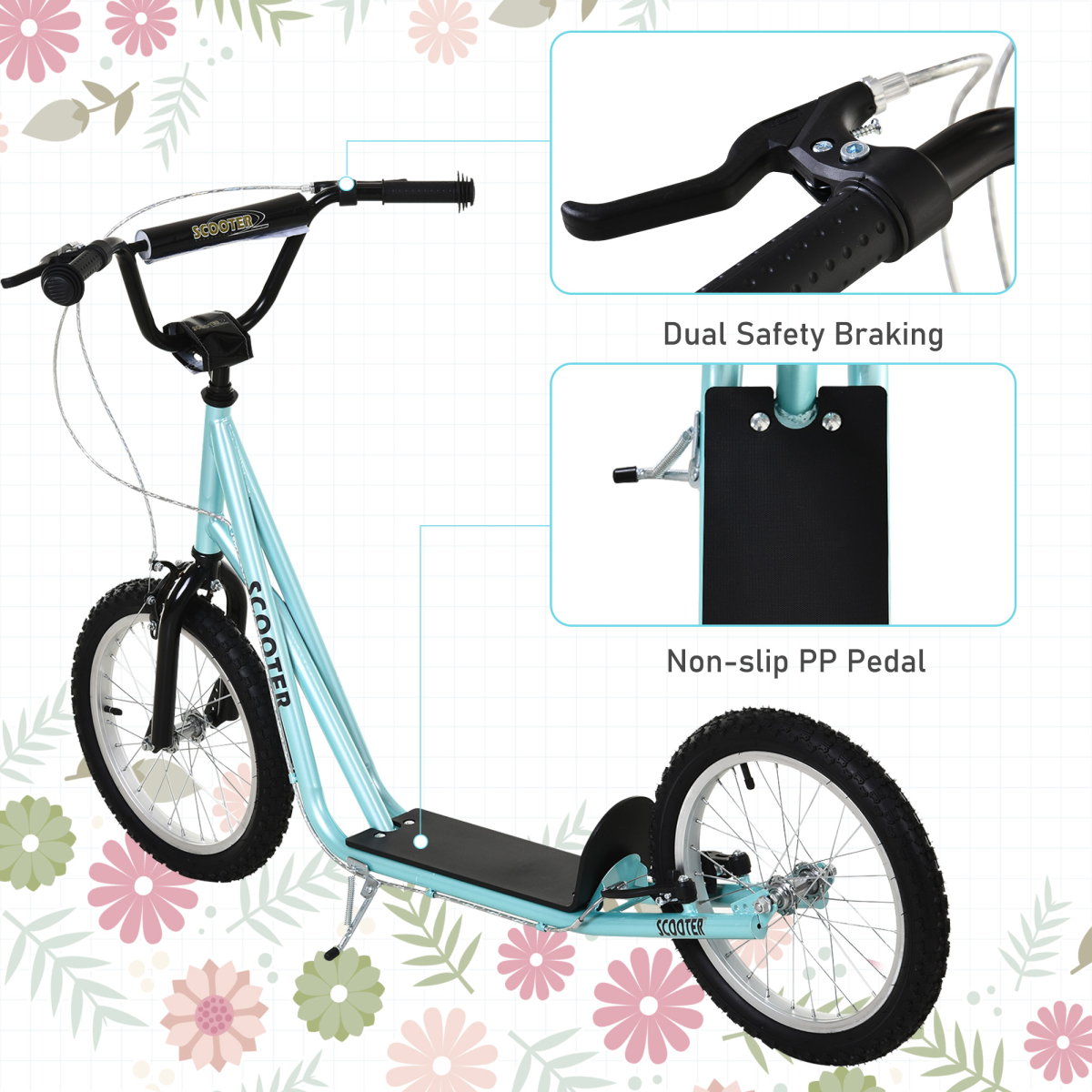 Adjustable Kids Kick Scooter with Inflatable Wheels - Blue