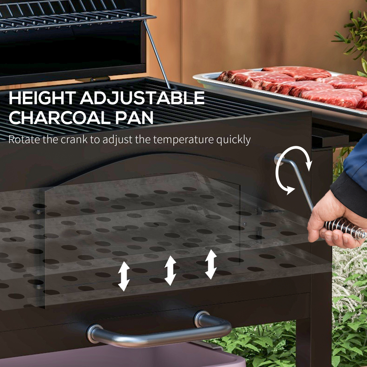 Adjustable Charcoal BBQ Trolley with Thermometer & Lid Handle