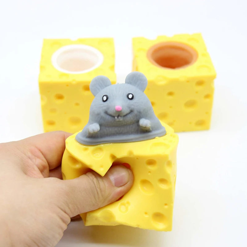 Stress-Relieving Cheese Mouse Fidget Toy & Squirrel Cup Prank Stress Ball for Fun and Relaxation