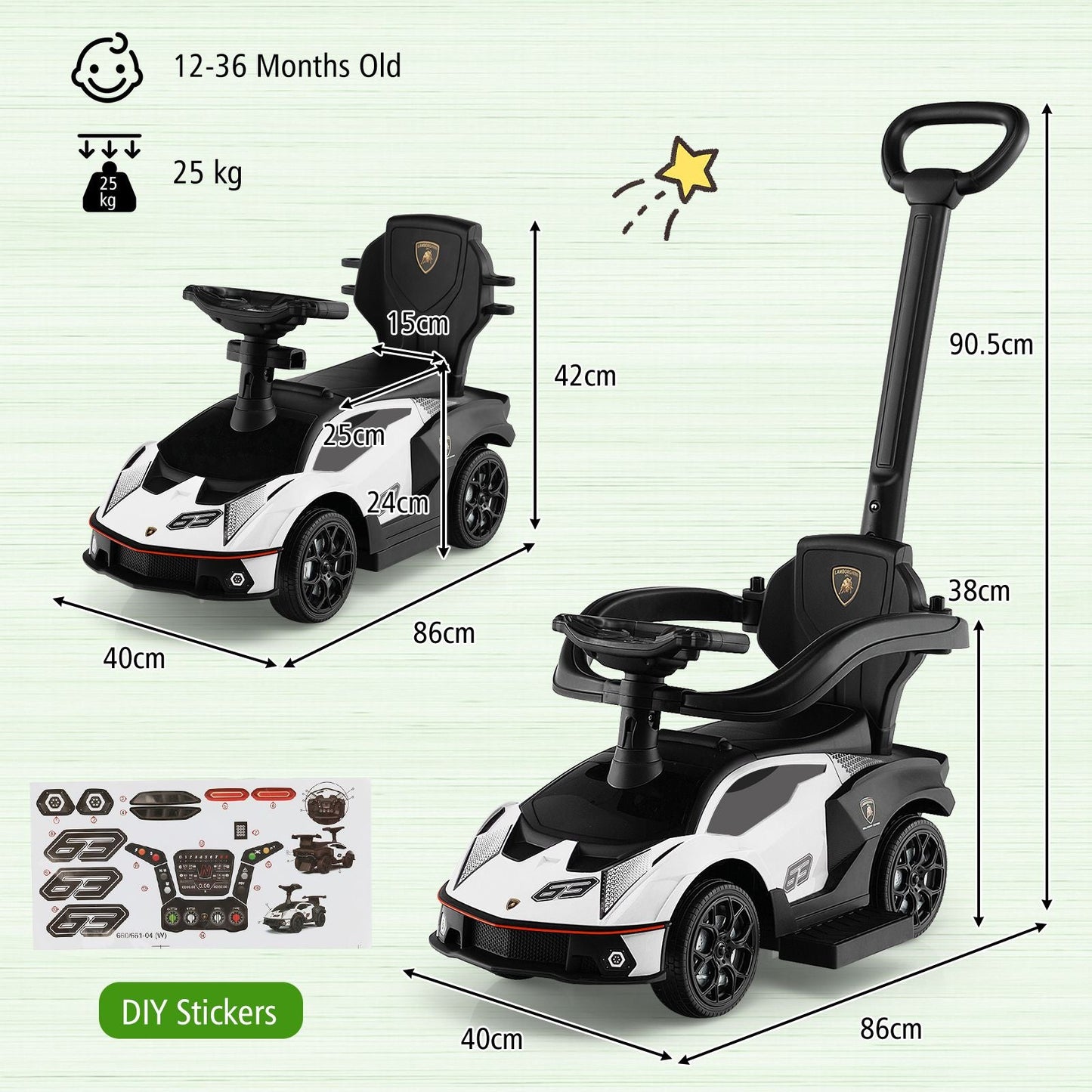 Luxury Lamborghini Ride-On Car for Kids with Convenient Push Handle