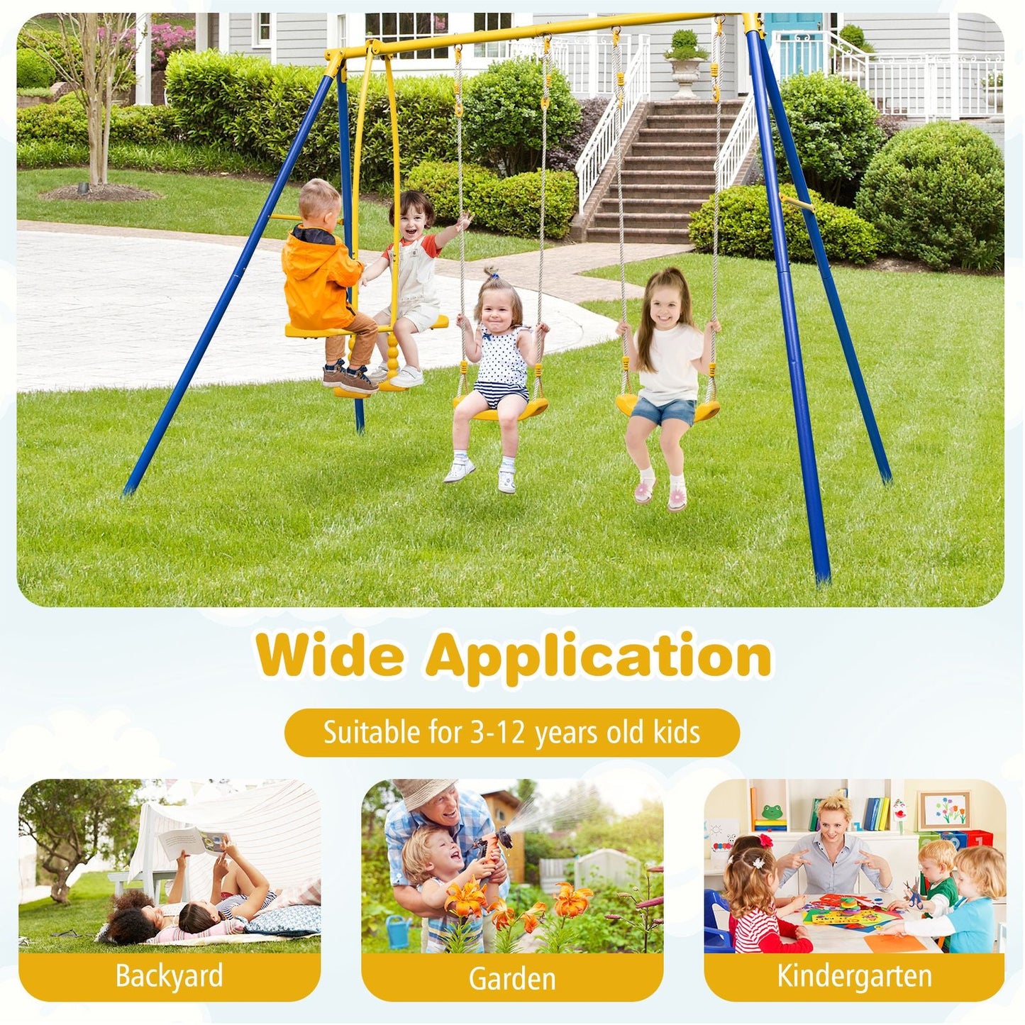 Heavy-Duty Kids Playset with 2 Swing Seats and 2 Glider Seats for Children 3-12 Years Old