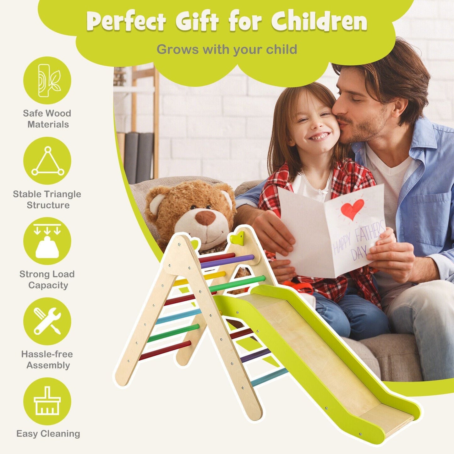 2-In-1 Wooden Triangle Climbing Toy with Gradient Adjustable Slide