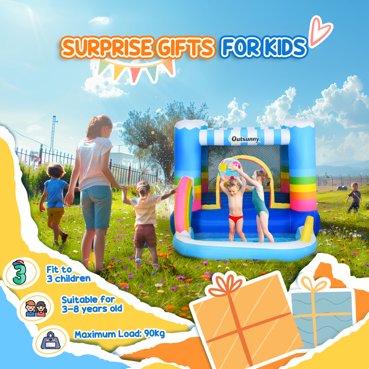 Rainbow Adventure Kids Bouncy Castle & Pool Trampoline