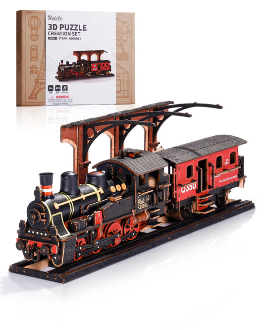 Rolife Steam Journey 3D Wooden Puzzle - Easy Assemble Traditional Train Model with Pre-Colored Design - Perfect Gift for All Ages!