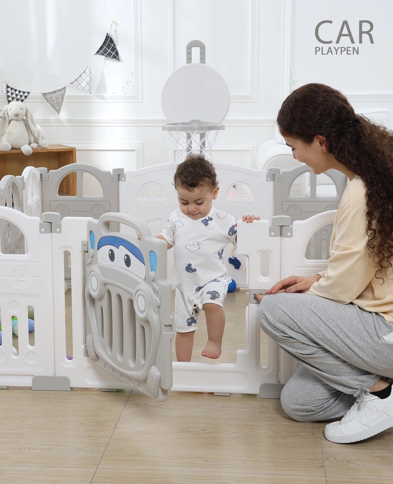 UBRAVOO Foldable Baby Playpen – 14-Panel Play Fence with Basketball Hoop & 50 Color Balls for Toddlers