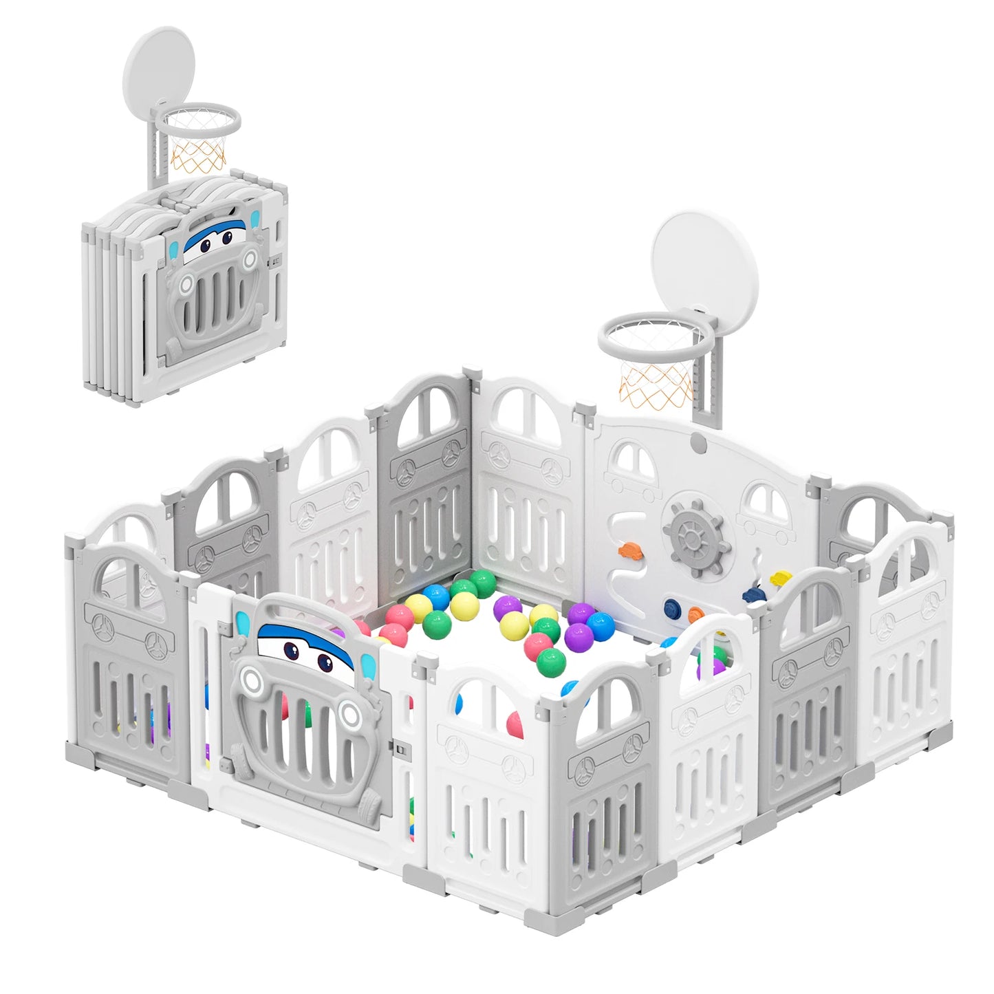 UBRAVOO Foldable Baby Playpen – 14-Panel Play Fence with Basketball Hoop & 50 Color Balls for Toddlers