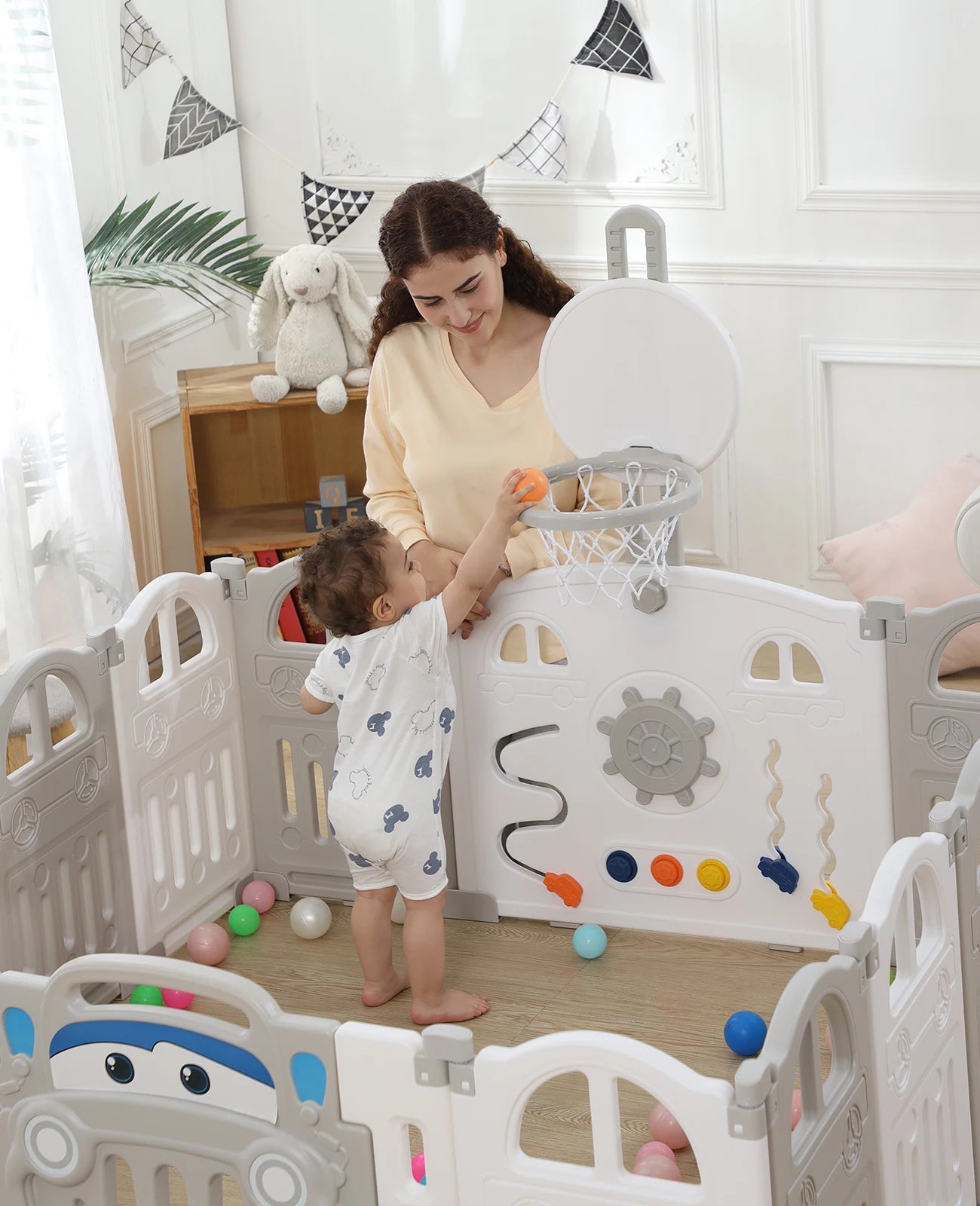 UBRAVOO Foldable Baby Playpen – 14-Panel Play Fence with Basketball Hoop & 50 Color Balls for Toddlers