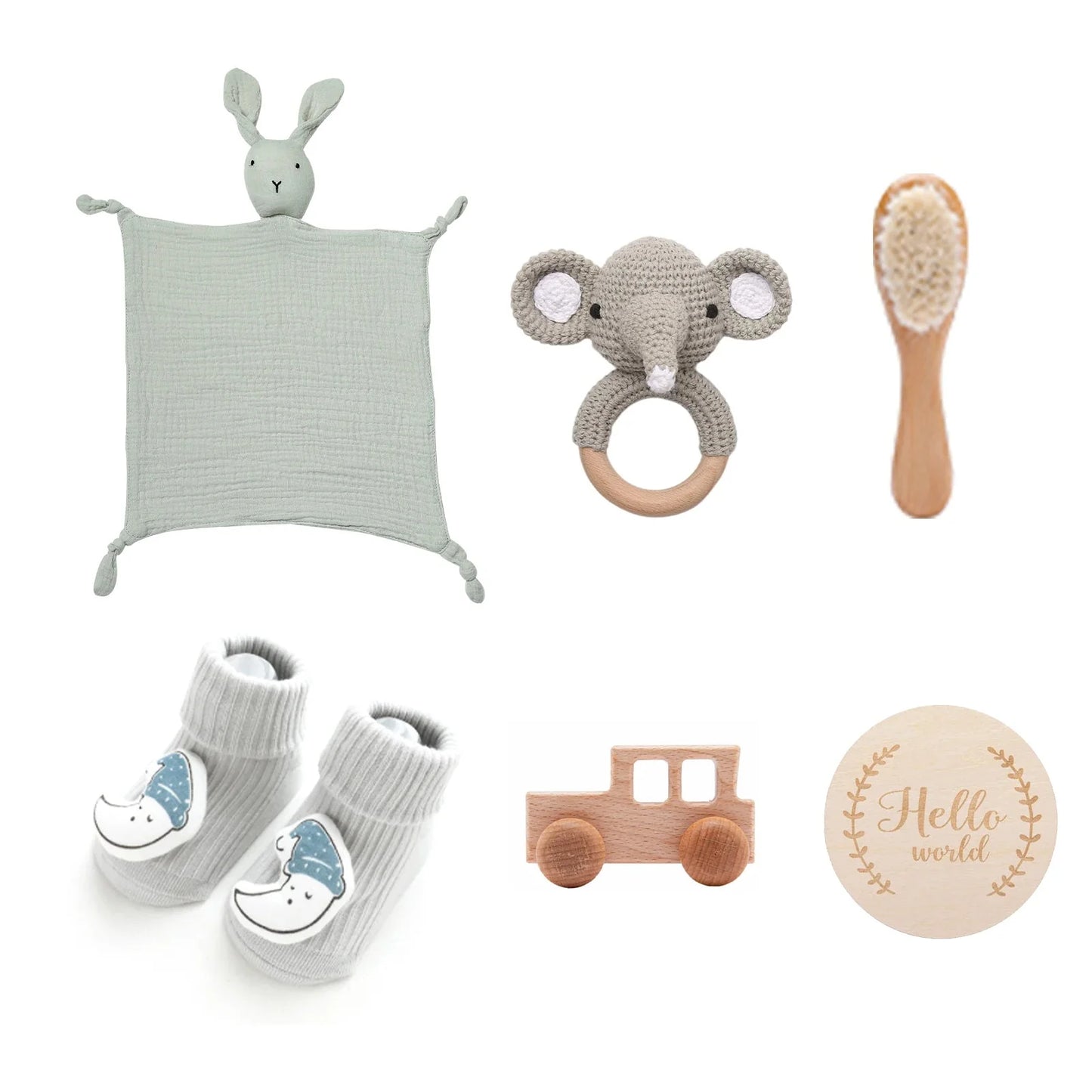 Animal New Born Baby Gift Set (0–6mths) in Grey Bunny & Elephant - 7 Piece Set