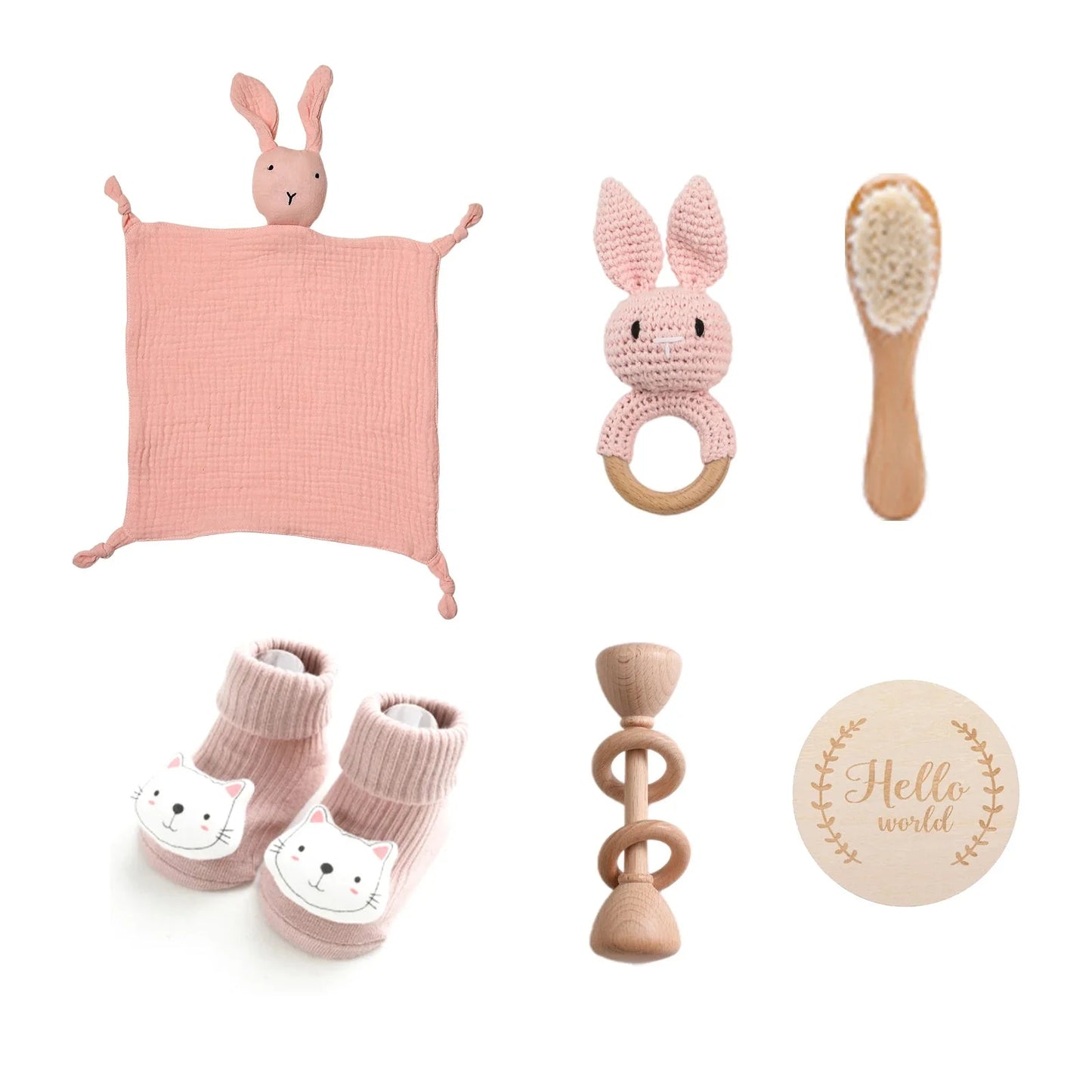 Animal New Born Baby Gift Set (0–6mths) in Pink Bunny & Cat - 7 Piece Set