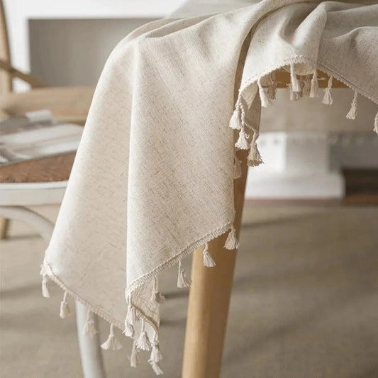 Beige Linen Farmhouse Tassel Tablecloth - 8 Sizes