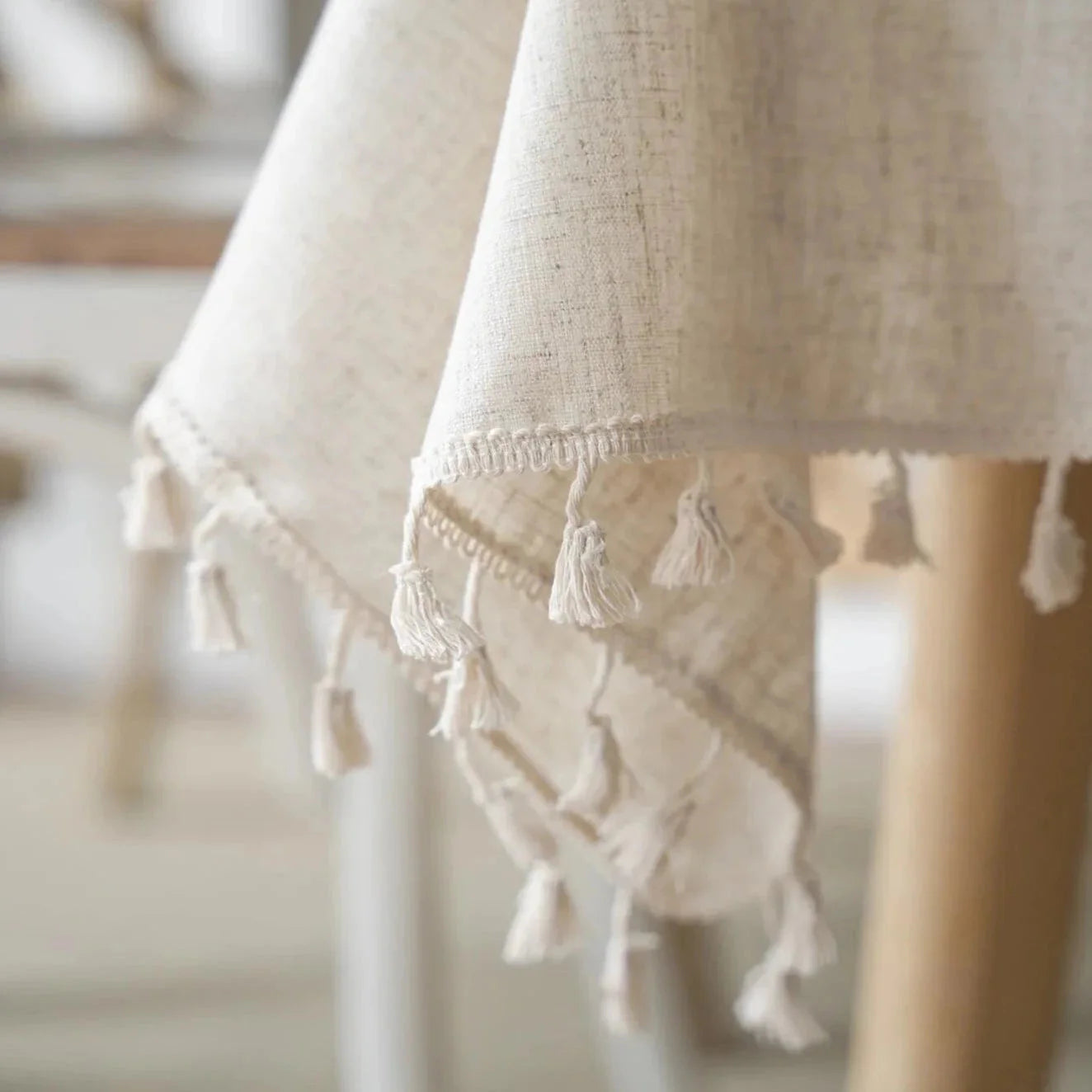 Beige Linen Farmhouse Tassel Tablecloth - 8 Sizes