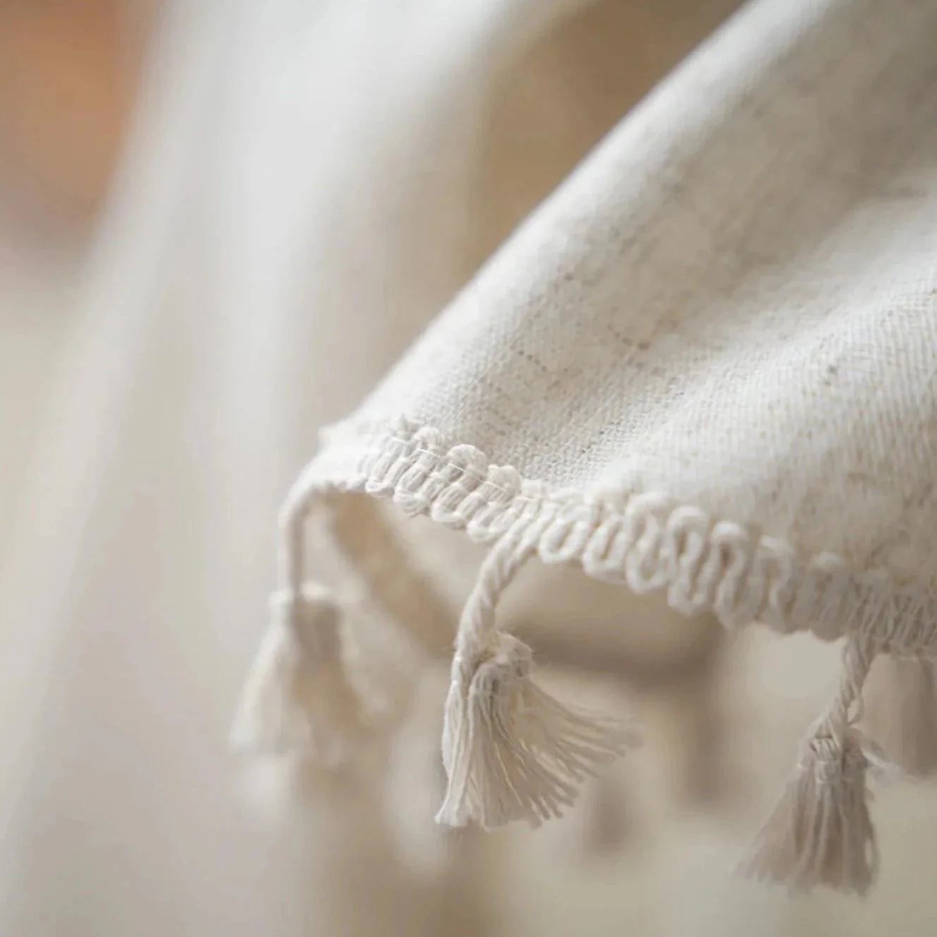 Beige Linen Farmhouse Tassel Tablecloth - 8 Sizes