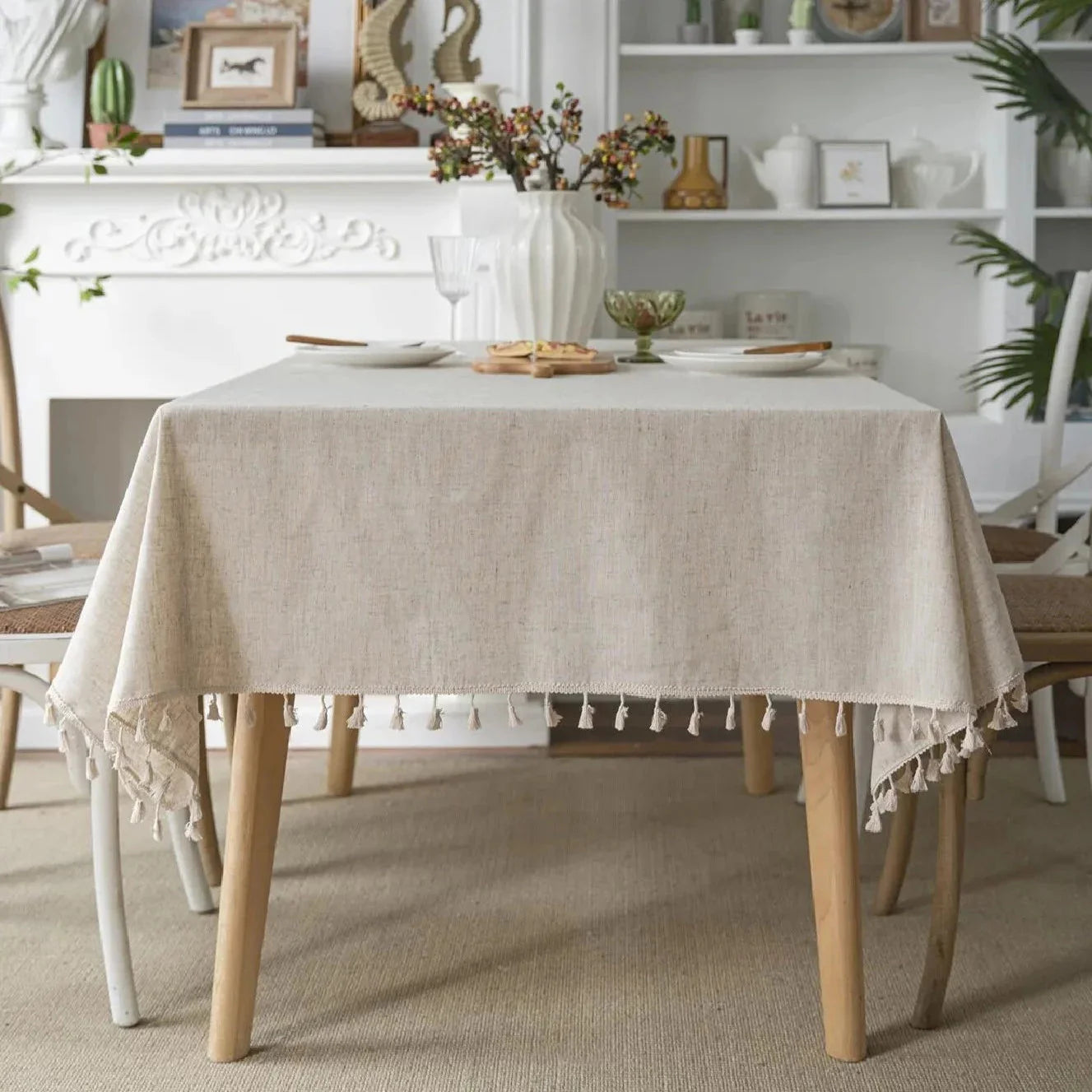 Beige Linen Farmhouse Tassel Tablecloth - 8 Sizes