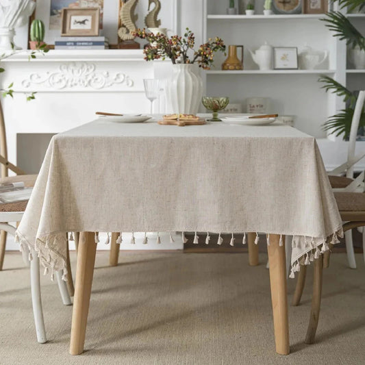 Beige Linen Farmhouse Tassel Tablecloth - 8 Sizes