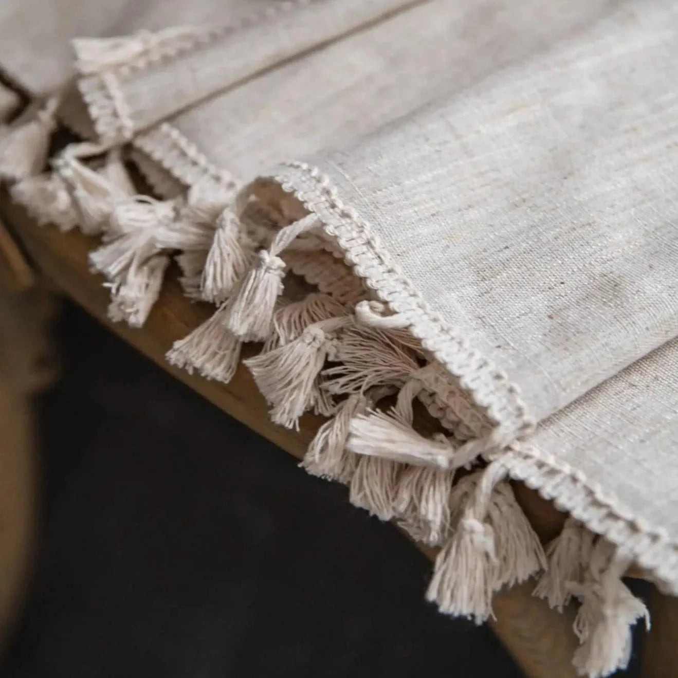 Beige Linen Farmhouse Tassel Tablecloth - 8 Sizes