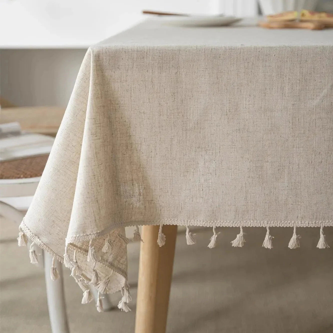 Beige Linen Farmhouse Tassel Tablecloth - 8 Sizes