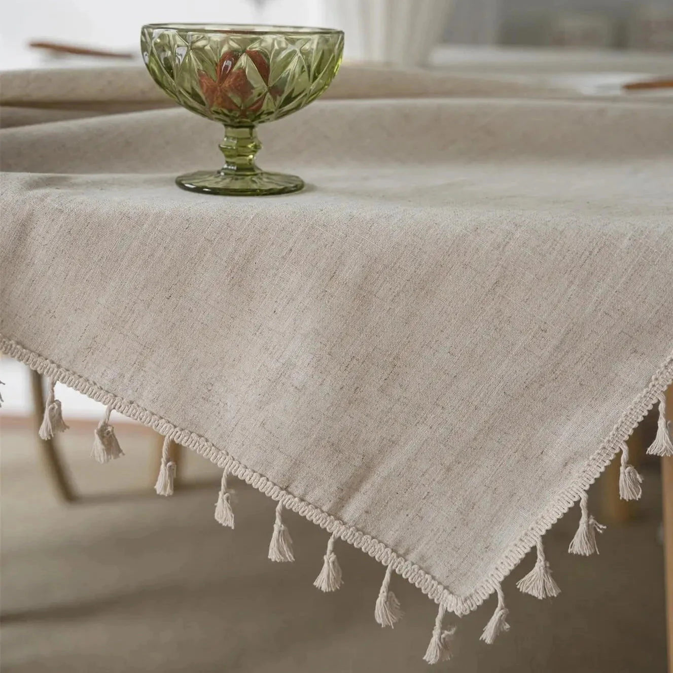 Beige Linen Farmhouse Tassel Tablecloth - 8 Sizes