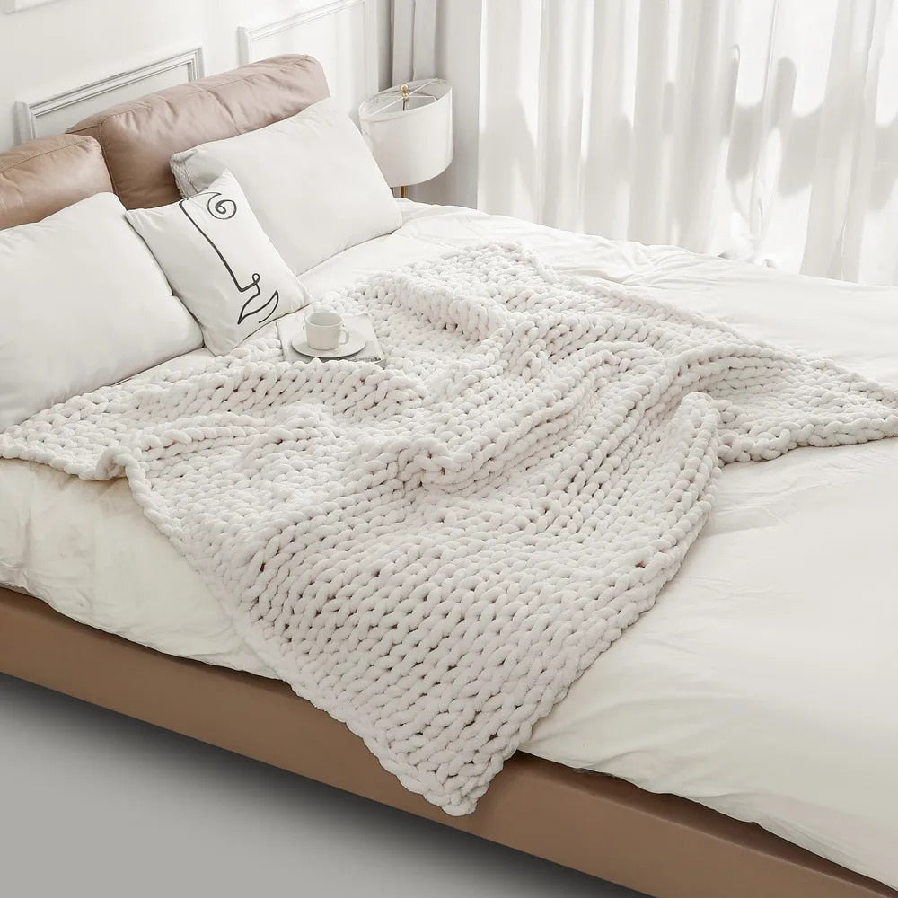 Chunky Knitted 100% Chenille Wool Blanket Throw - 10 Colours