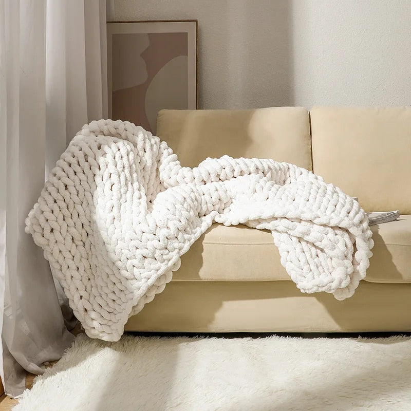 Chunky Knitted 100% Chenille Wool Blanket Throw - 10 Colours
