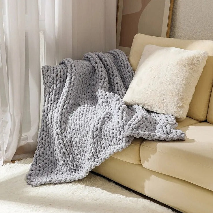 Chunky Knitted 100% Chenille Wool Blanket Throw - 10 Colours
