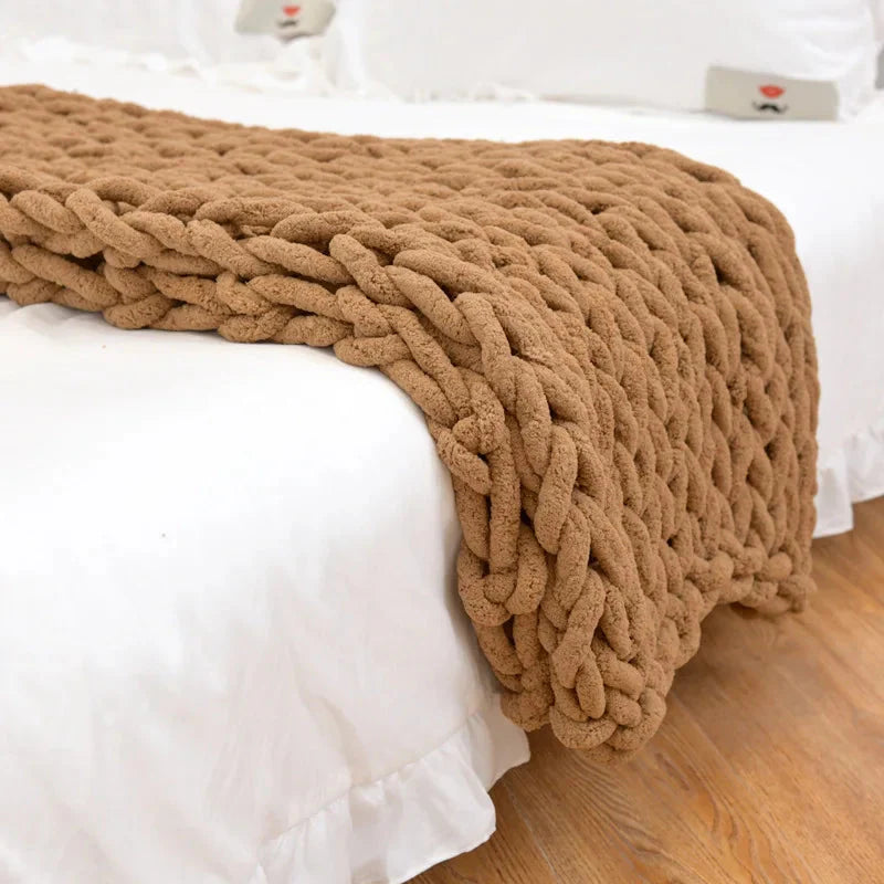 Chunky Knitted 100% Chenille Wool Blanket Throw - 10 Colours