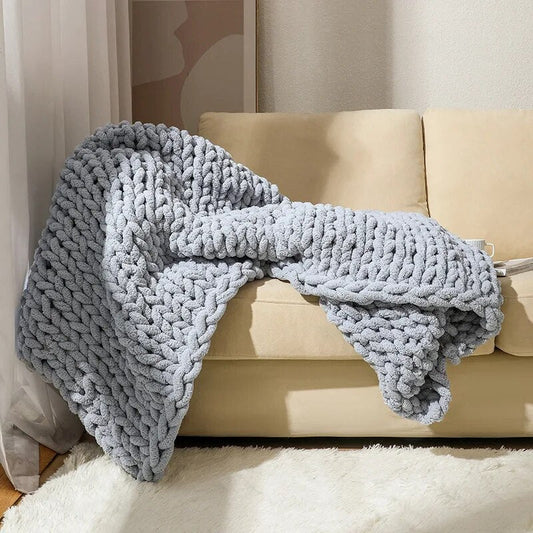 Chunky Knitted 100% Chenille Wool Blanket Throw - 10 Colours
