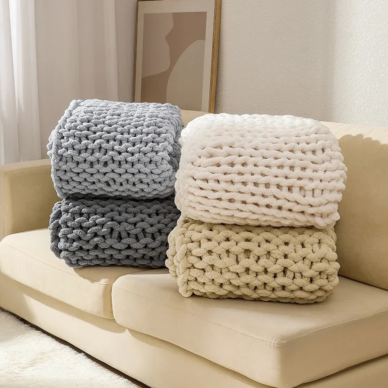 Chunky Knitted 100% Chenille Wool Blanket Throw - 10 Colours