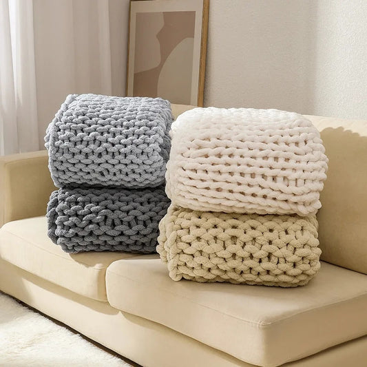 Chunky Knitted 100% Chenille Wool Blanket Throw - 10 Colours