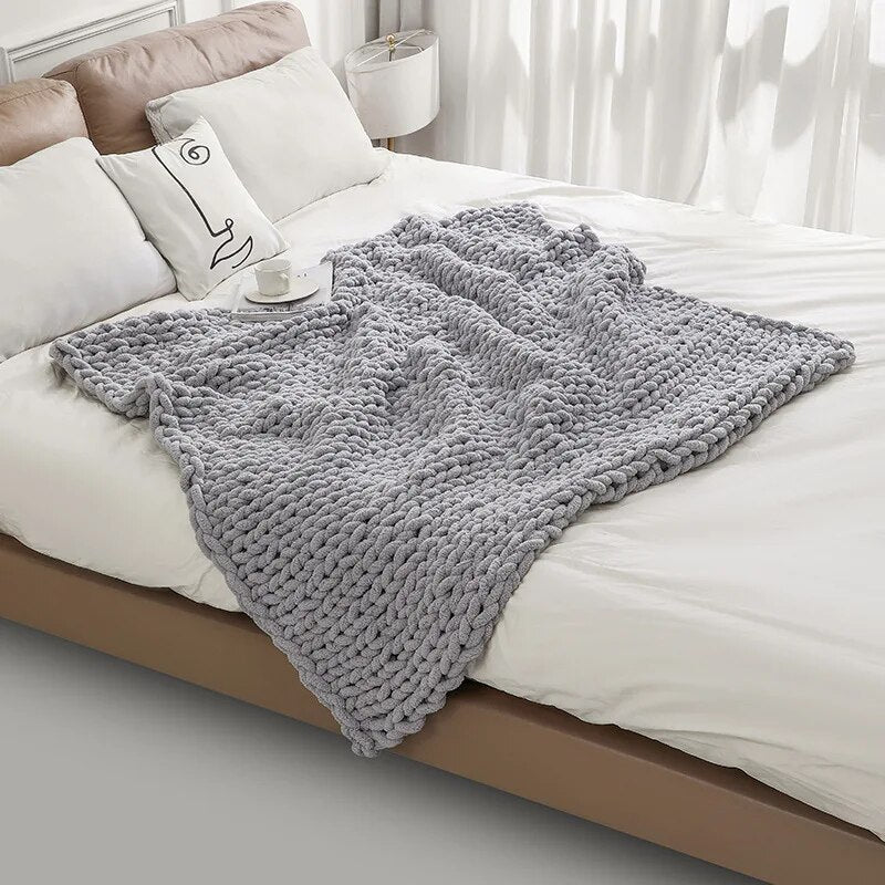 Chunky Knitted 100% Chenille Wool Blanket Throw - 10 Colours