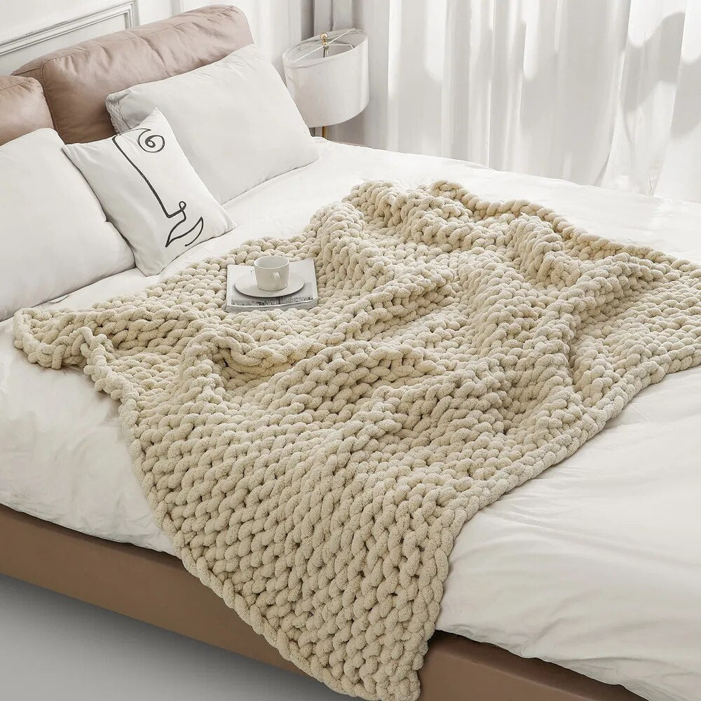 Chunky Knitted 100% Chenille Wool Blanket Throw - 10 Colours