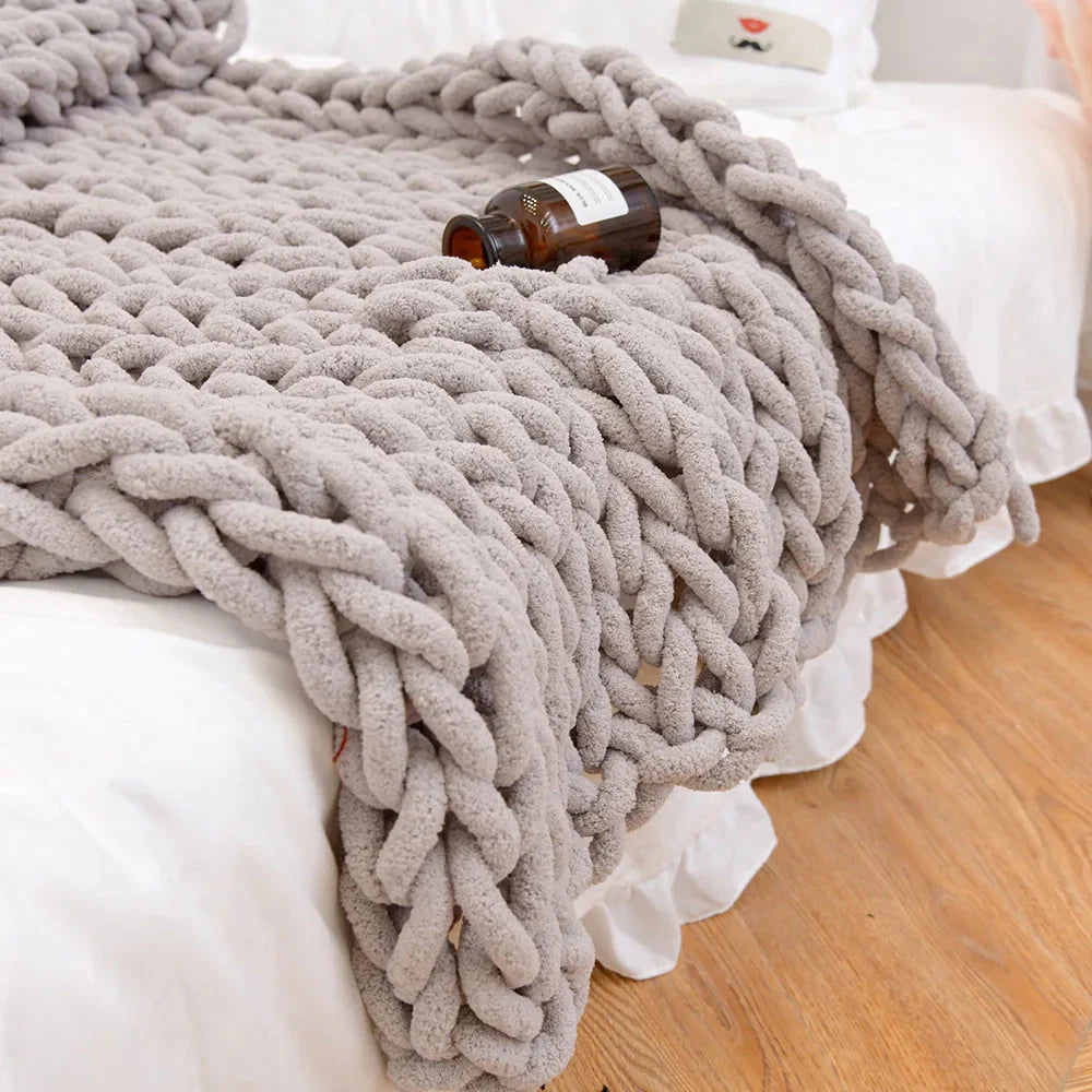 Chunky Knitted 100% Chenille Wool Blanket Throw - 10 Colours