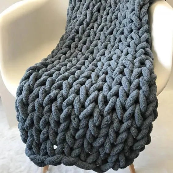 Chunky Knitted 100% Chenille Wool Blanket Throw - 10 Colours