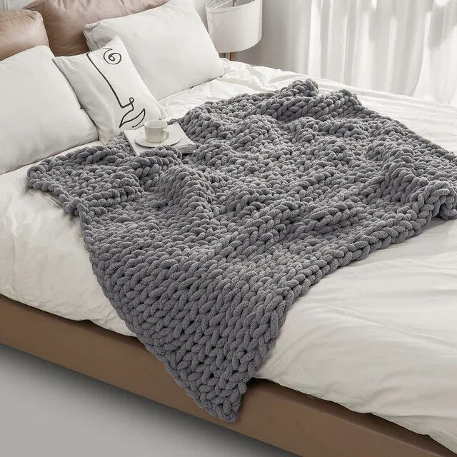 Chunky Knitted 100% Chenille Wool Blanket Throw - 10 Colours