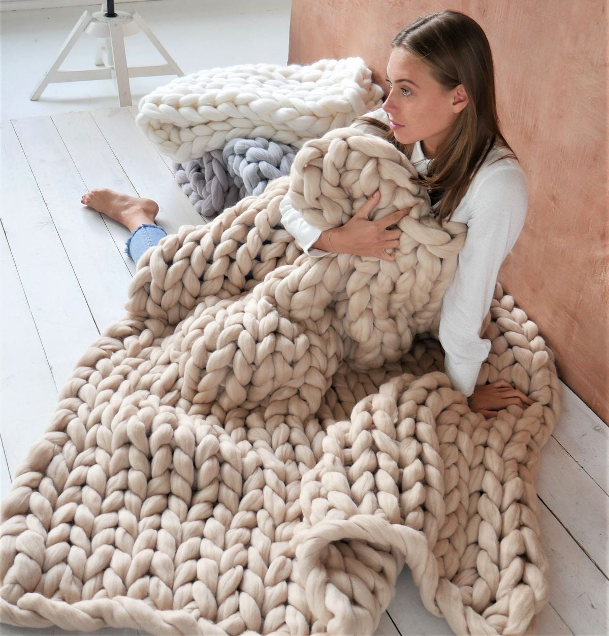 Chunky Knitted Merino Wool Blanket Throw - 8 Colours