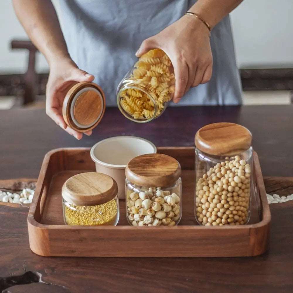 Clear Glass Food Storage Container With Wood Lid - 4 Sizes