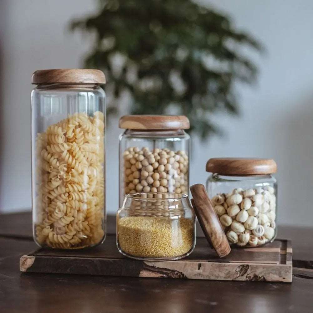 Clear Glass Food Storage Container With Wood Lid - 4 Sizes