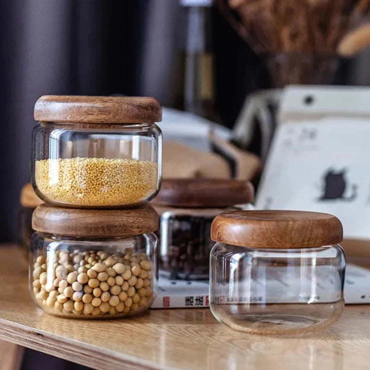 Clear Glass Food Storage Container With Wood Lid - 4 Sizes