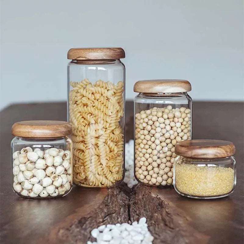 Clear Glass Food Storage Container With Wood Lid - 4 Sizes