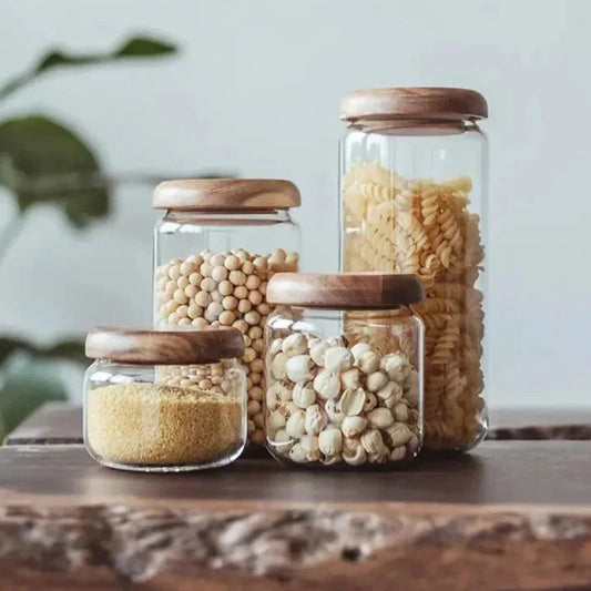 Clear Glass Food Storage Container With Wood Lid - 4 Sizes